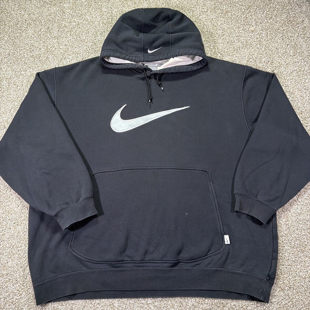 Vintage Nike Big Logo Hoodie Silver Tag Black Boxy XXL Distressed Essentials